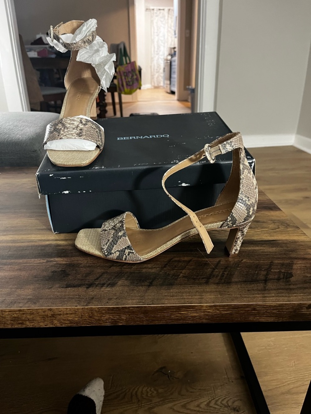 Bernardo Snake-Print Ankle Strap Heels in Beige and Taupe